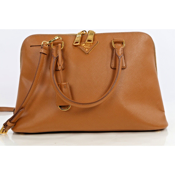 Prada Saffiano Lux Promenade Tan Brown Leather Double Zip Medium Satchel Bag - Picture 1 of 16